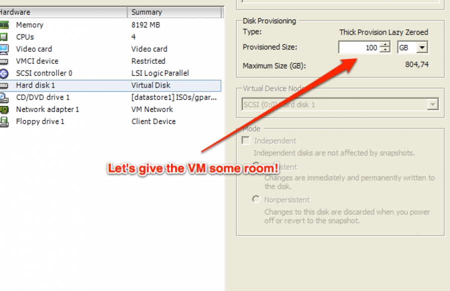 creating a virtual machine with more disk space